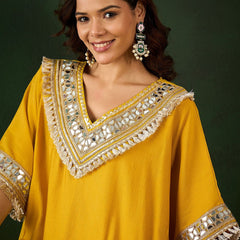 Paisley Embroidered V-Neck Mirror Work Kaftan With Trousers