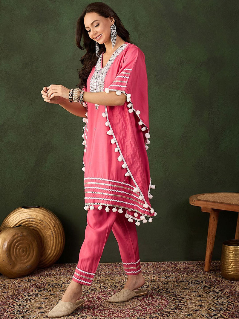 Geometric Embroidered & Mirror Work Kaftan Kurta With Trouser