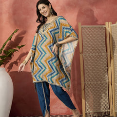 Blue Geometric Printed Yoke Design Mirror Work Kaftan Kurta With Dhoti Pants