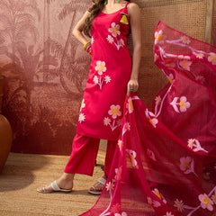 Red Hand Block Print  Shoulder Straps Straight Kurta With Trouser Dupatta Kurta Set