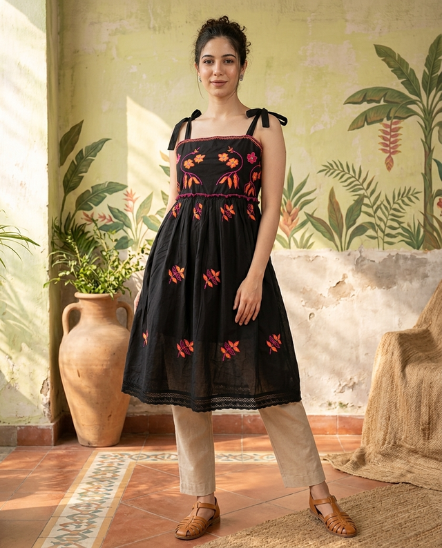 Floral Embroidered Thread Work A-Line Midi Dresss