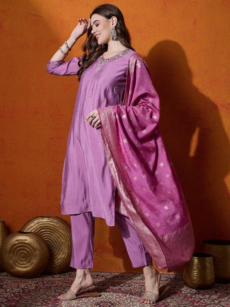 Purple Embroidered V-Neck Straight Kurta With Trousers And Dupatta