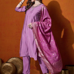 Purple Embroidered V-Neck Straight Kurta With Trousers And Dupatta