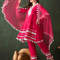 Embroidered Anarkali Kurta & Trousers With Dupatta