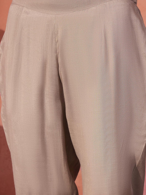 Beige Yoke Design Beads And Stones Round Neck Kaftan Kurta With Trousers