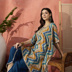 Blue Geometric Printed Yoke Design Mirror Work Kaftan Kurta With Dhoti Pants