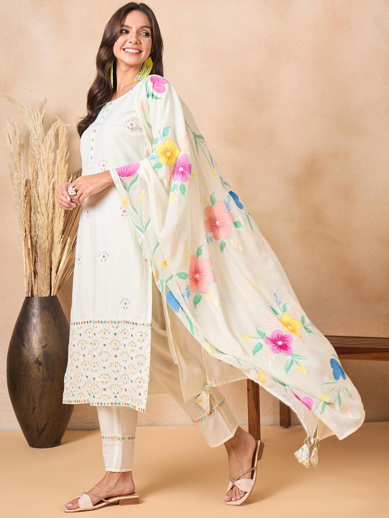 Floral Embroidered Pure Cotton Kurta With Trousers And Dupatta