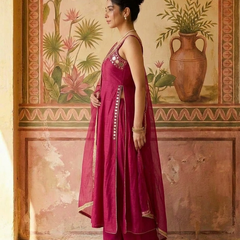 Maroon Mirror Work Sholder Strap Kurta With Trouser & Dupatta