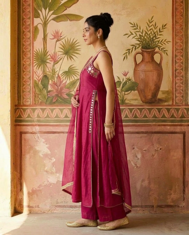 Maroon Mirror Work Sholder Strap Kurta With Trouser & Dupatta