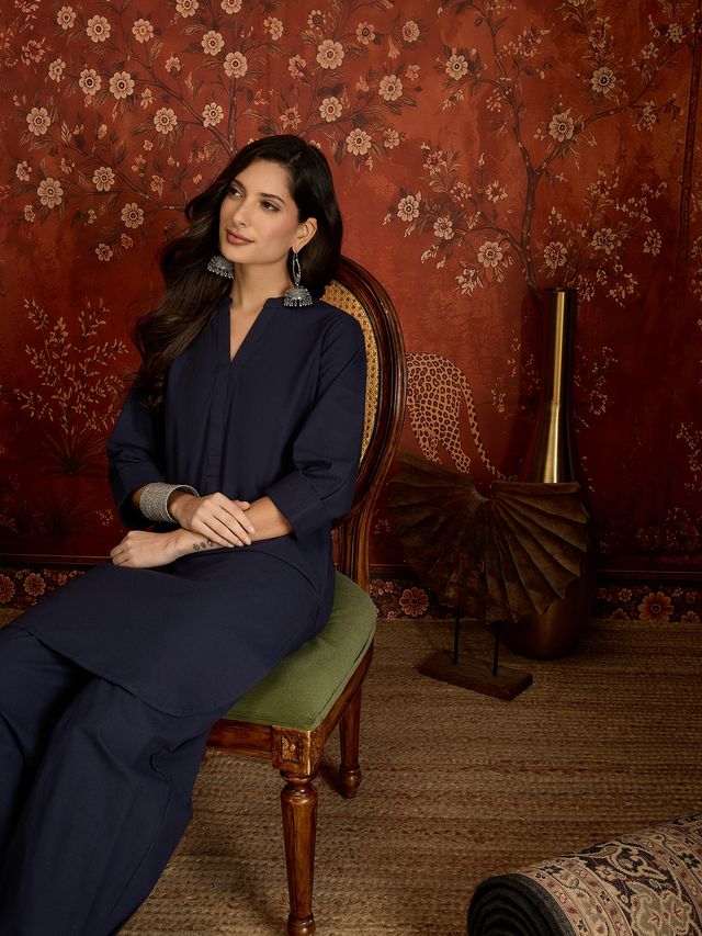 Navy Blue Mandarin Collar Pure Cotton Tunic With Trousers Kurta Set