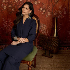 Navy Blue Mandarin Collar Pure Cotton Tunic With Trousers Kurta Set