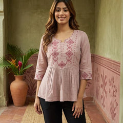 Coral Pure Cotton Ethnic Motifs Embroidered A-Line Short Kurti