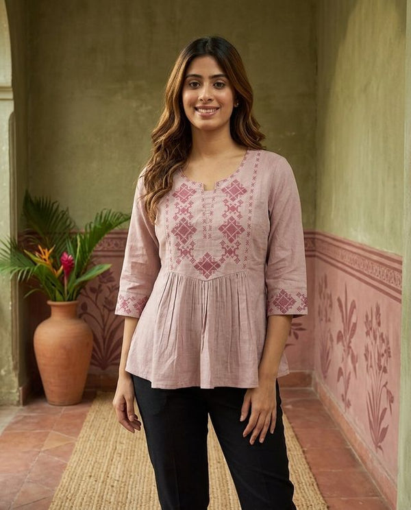 Coral Pure Cotton Ethnic Motifs Embroidered A-Line Short Kurti