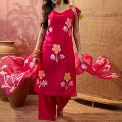 Red Hand Block Print  Shoulder Straps Straight Kurta With Trouser Dupatta Kurta Set