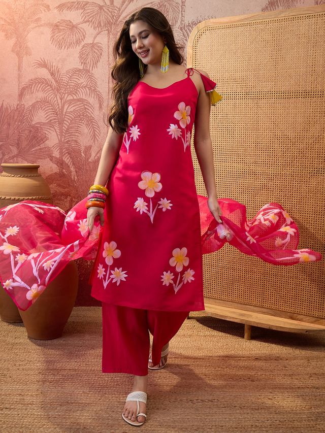 Red Hand Block Print  Shoulder Straps Straight Kurta With Trouser Dupatta Kurta Set