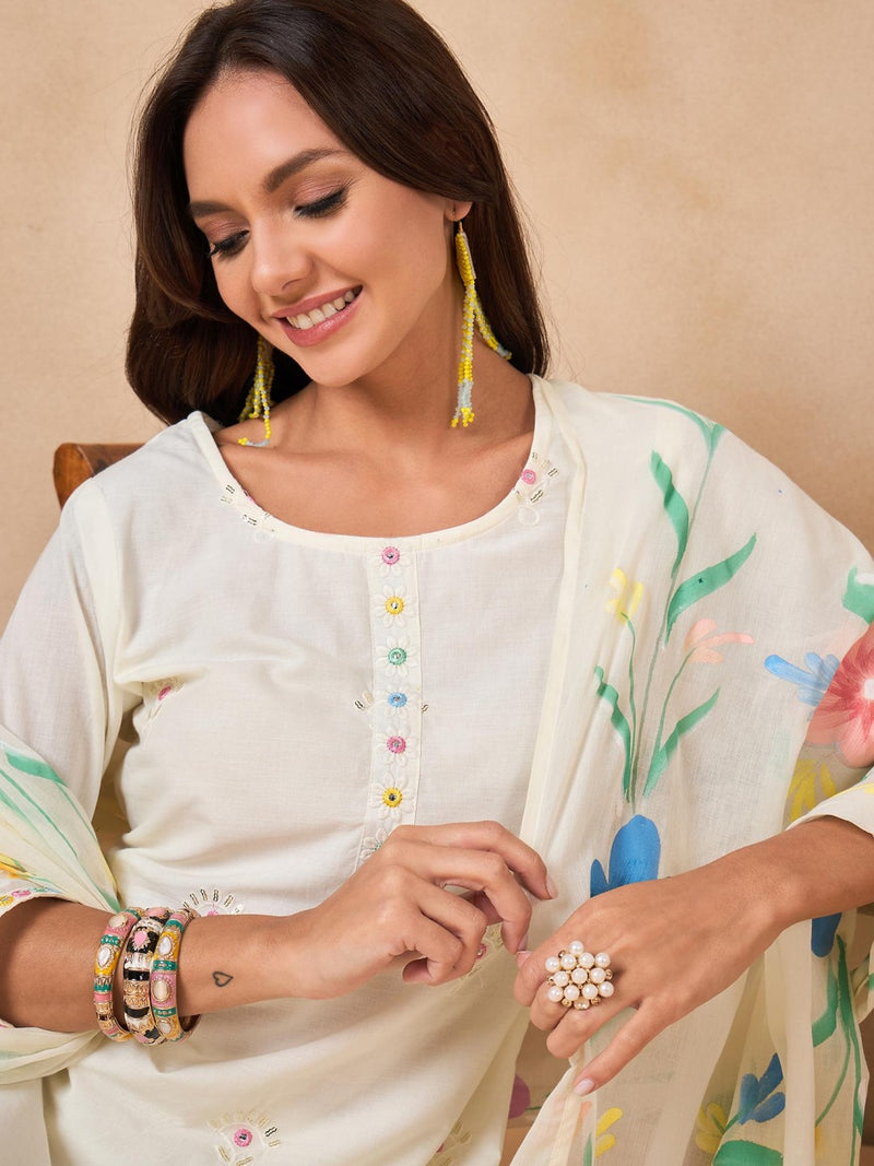 Floral Embroidered Pure Cotton Kurta With Trousers And Dupatta