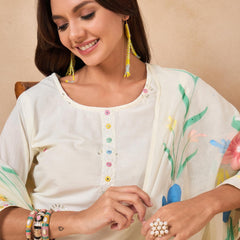Floral Embroidered Pure Cotton Kurta With Trousers And Dupatta