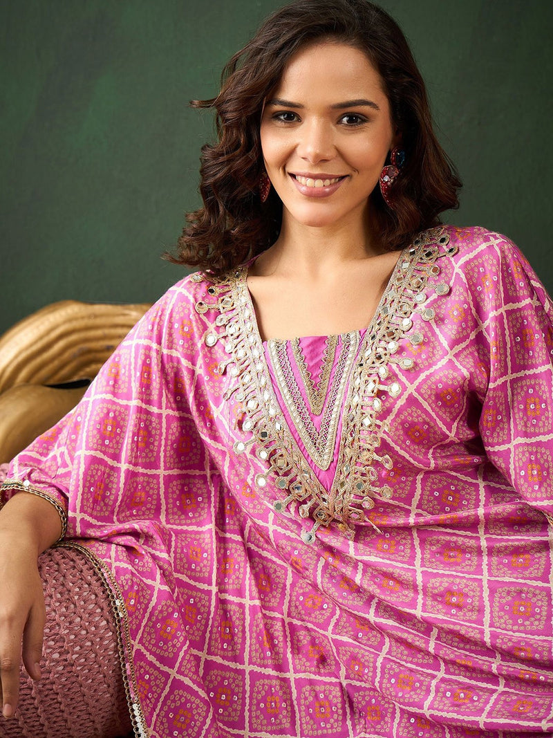 Bandhani Printed Gotta Patti Asymmetric Kaftan With Dhoti Pant