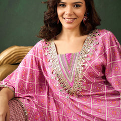 Bandhani Printed Gotta Patti Asymmetric Kaftan With Dhoti Pant