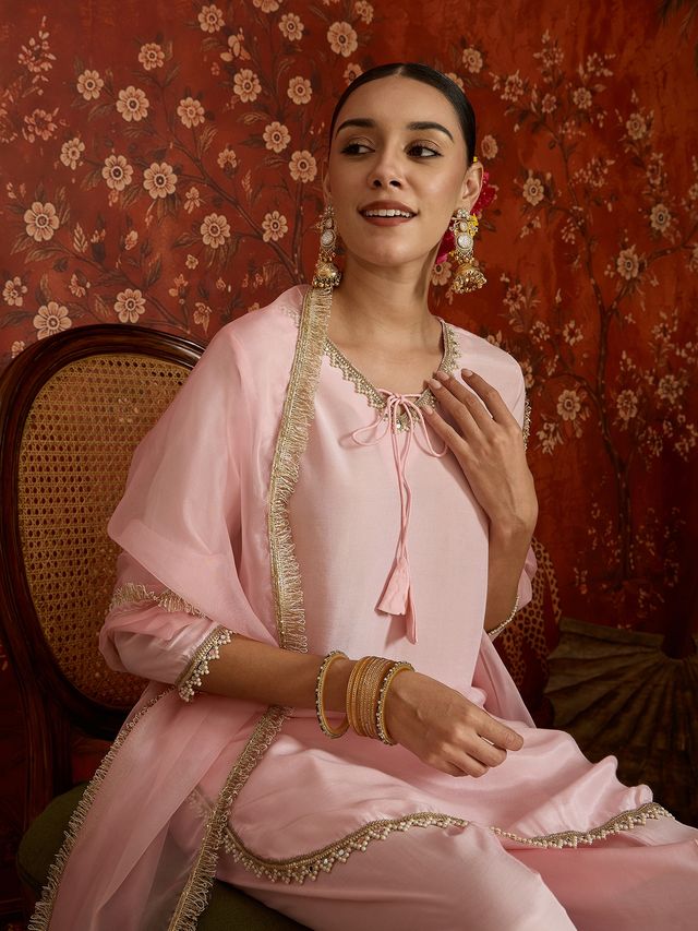 Pink Embroidered Straight Kurta With Farsi Salwar & Dupatta