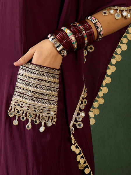 Burgundy Geometric Embroidered V-Neck Mirror Work Kaftan With Trousers