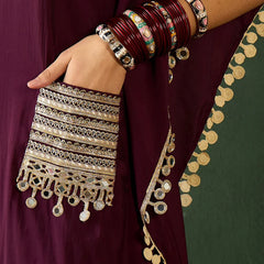 Embroidered  V-Neck Mirror work Kaftan With Trousers