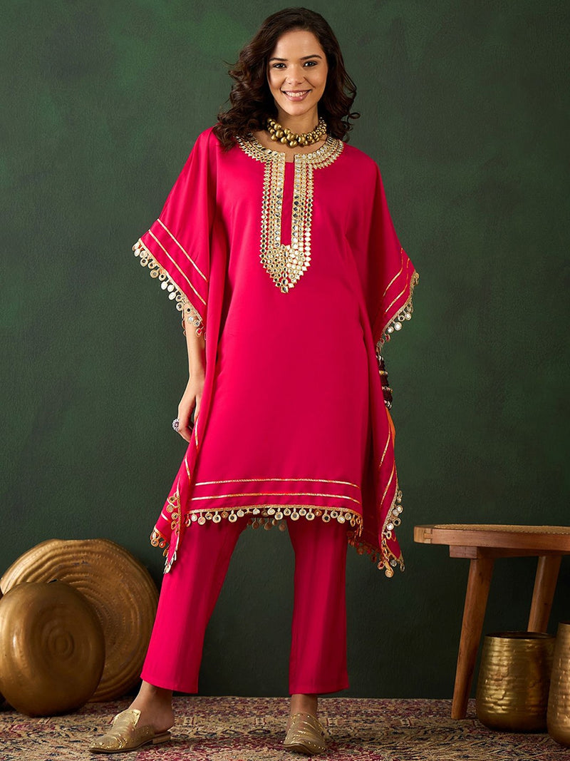 Fuchsia Geometric Embroidered Round Neck Mirror Work Kaftan With Trousers