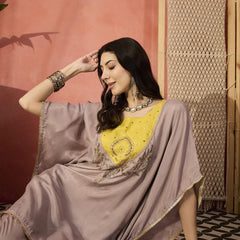 Beige Yoke Design Beads And Stones Round Neck Kaftan Kurta With Trousers