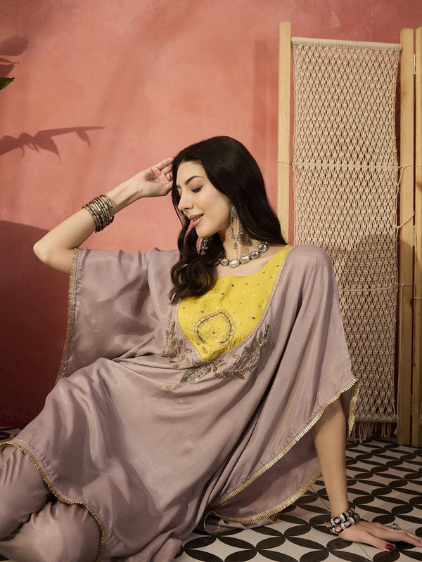 Beige Yoke Design Beads And Stones Round Neck Kaftan Kurta With Trousers