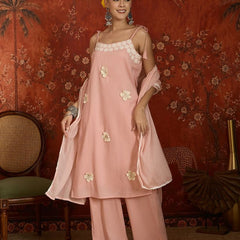 Peach Floral Embroidered Shoulder Straps Kurta With Trouser & Dupatta Kurta Set