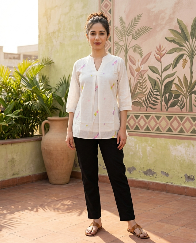 Floral Embroidered Staright Short Kurti