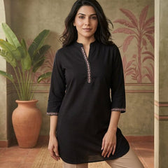Black Floral Embroidered Straight Short Kurti