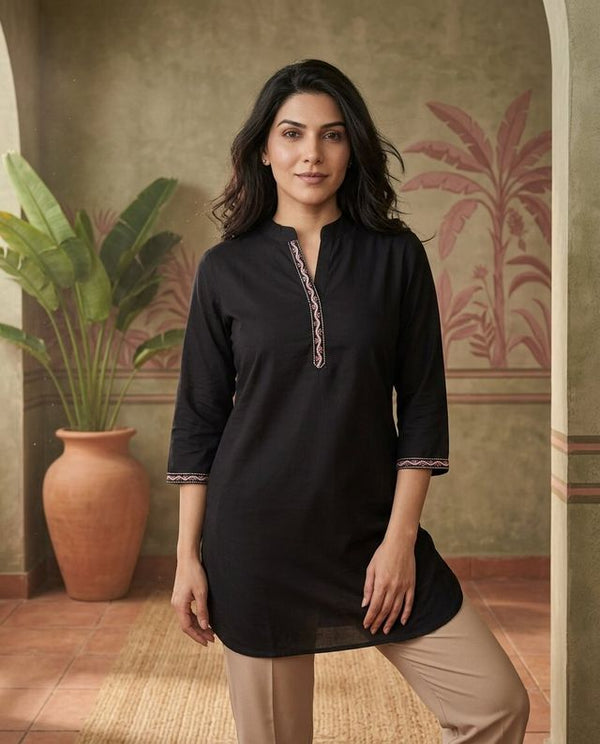 Black Floral Embroidered Straight Short Kurti