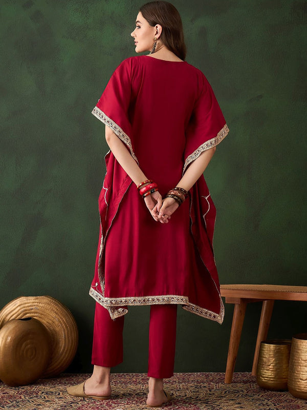 Floral Embroidered & Mirror Work Kaftan Kurta With Trousers
