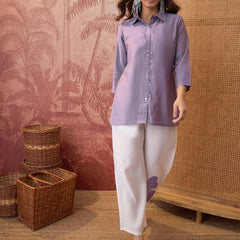 Parrot Green Self Design Shirt Collar Tunic & Trouser Co-Ords