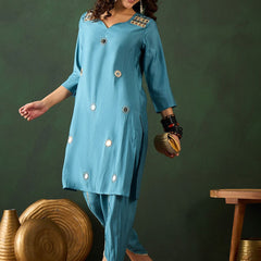 Black Floral Embroidered Mirror Work Straight Kurta With Dhoti Pants