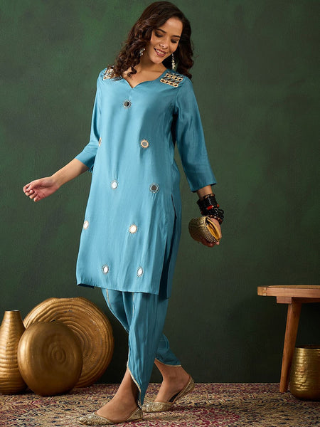 Black Floral Embroidered Mirror Work Straight Kurta With Dhoti Pants