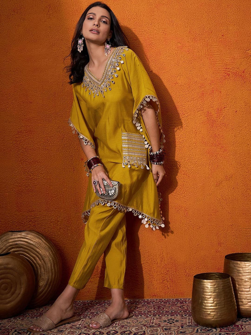 V-Neck Short Sleeves Regular Mirror Work A-Line Kaftan With Trouser