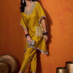 V-Neck Short Sleeves Regular Mirror Work A-Line Kaftan With Trouser