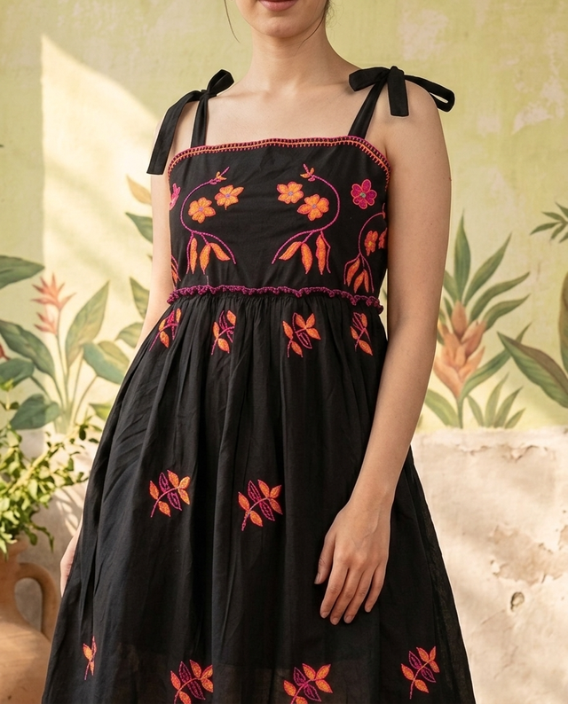 Floral Embroidered Thread Work A-Line Midi Dresss