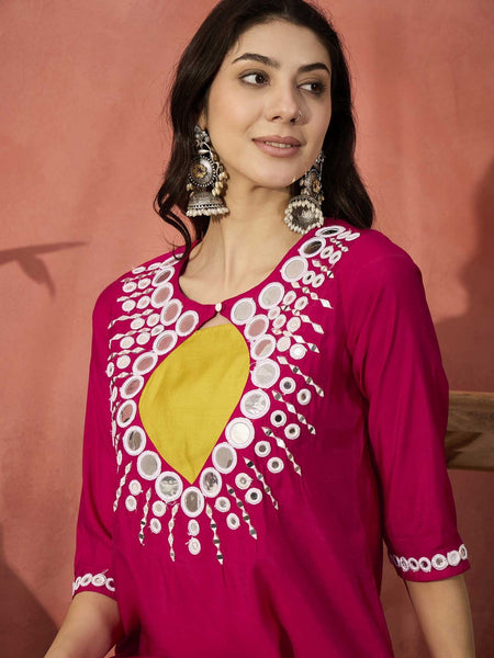 Red And White Mirror Work Round Neck Tunic With Trousers