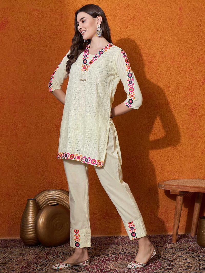 Abstract Embroidered Pure Cotton Top With Trouser Co-Ords