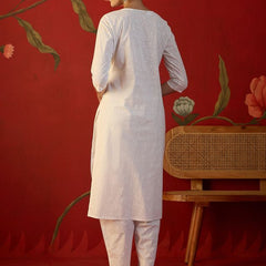 Off White Ethnic Motif Print Straight Kurta With Jacket & Trouser