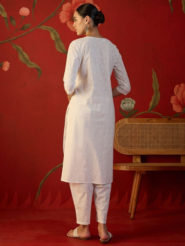 Off White Ethnic Motif Print Straight Kurta With Jacket & Trouser