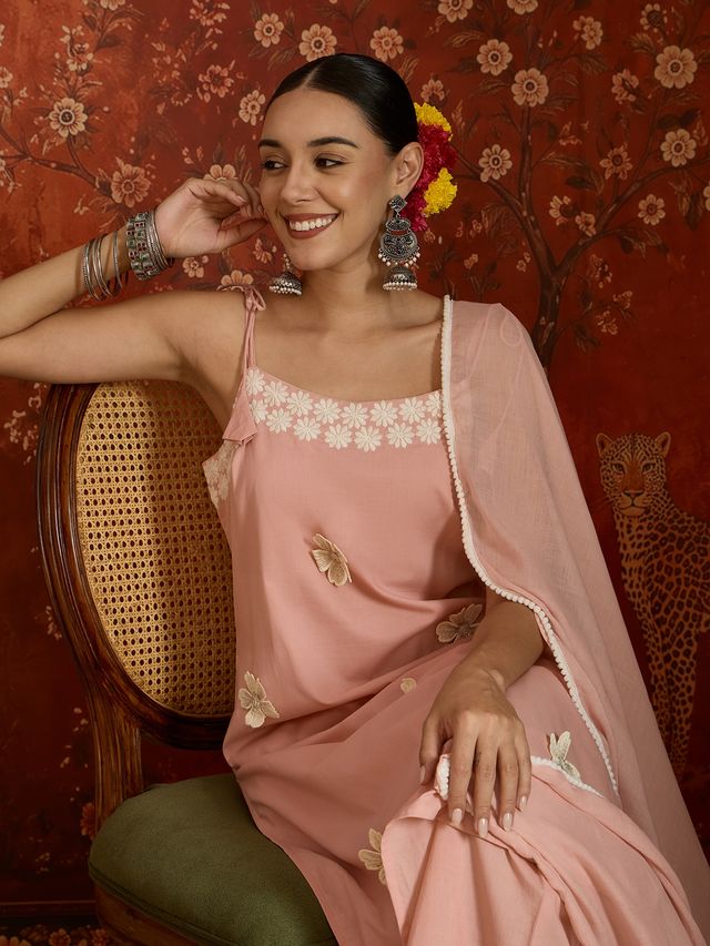 Peach Floral Embroidered Shoulder Straps Kurta With Trouser & Dupatta Kurta Set
