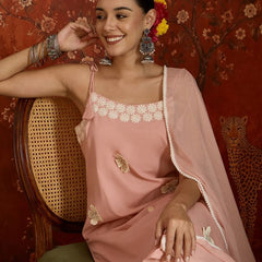 Peach Floral Embroidered Shoulder Straps Kurta With Trouser & Dupatta Kurta Set