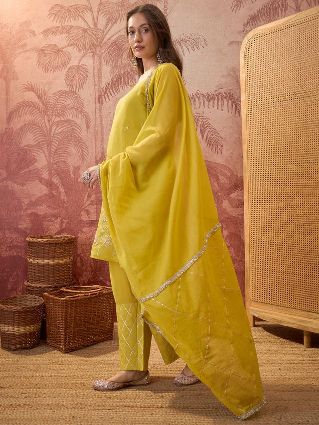 Parrot Green Gota Work  Shoulder Straps Straight Kurta With Trouser Kurta Set
