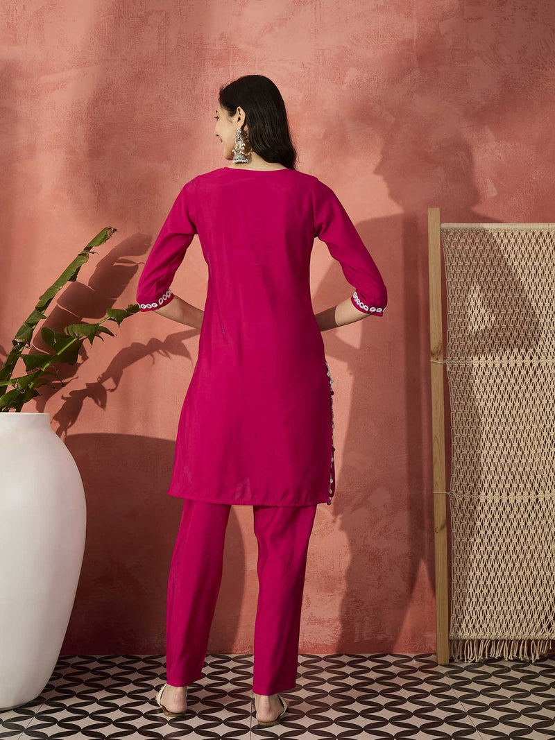 Red And White Mirror Work Round Neck Tunic With Trousers