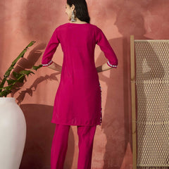 Red And White Mirror Work Round Neck Tunic With Trousers