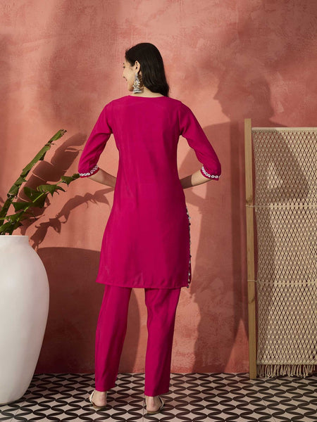 Red And White Mirror Work Round Neck Tunic With Trousers